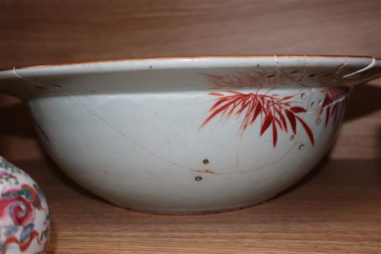 A 19th century Chinese famille rose basin, two jars and covers and a vase diameter 38cm